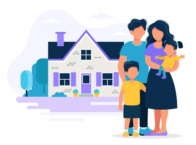 Ilustração colorida de família composto de mãe pai criança e neném no colo ao lado de sobrado com chaminé em tons claros
